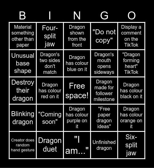 Dragon Puppet TikTok Bingo Card