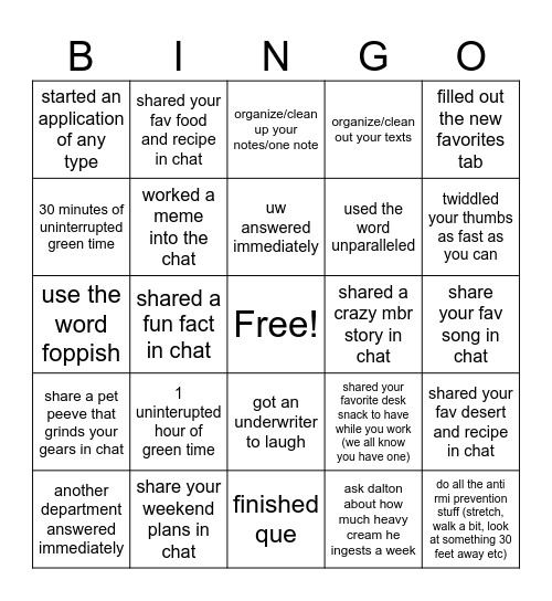 Anti Bored Bingo Card