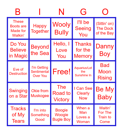 MUSIC BINGO at the Ann Arbor Eagles!  Songs Made Famous During Wartime! Bingo Card
