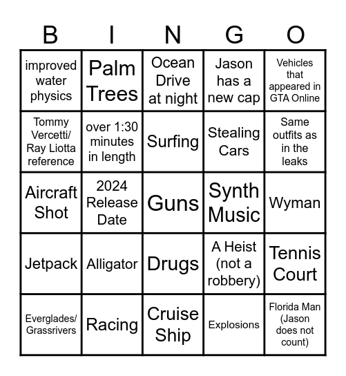 GTA VI Trailer Bingo Card Bingo Card