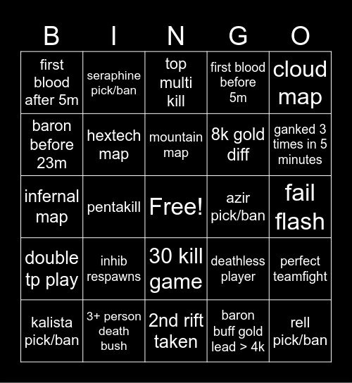 League Watch Party Bingo Card