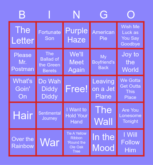 MUSIC BINGO at the Ann Arbor Eagles!  Songs Made Famous During Wartime! Bingo Card