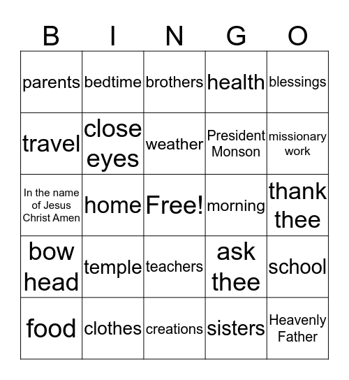 PRAYER Bingo Card