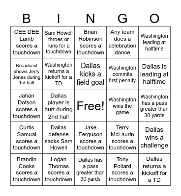 Thanksgiving Football Bingo Card