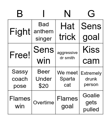 Sens V. Flames🏒 Bingo Card