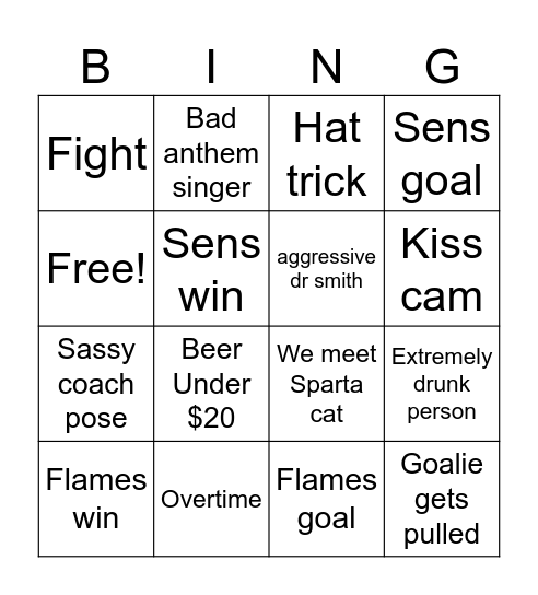 Sens V. Flames🏒 Bingo Card