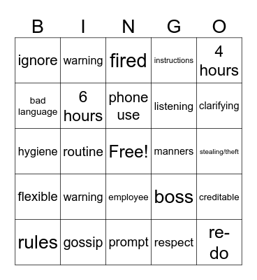 In the workplace Bingo Card