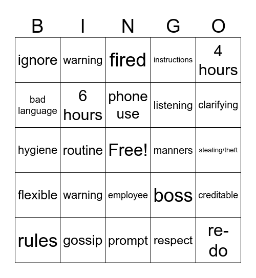 In the workplace Bingo Card