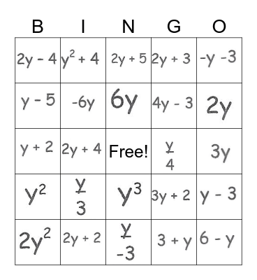 Algebra Bingo Card