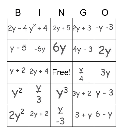Algebra Bingo Card