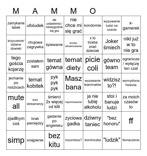 Bingo Mammon Bingo Card