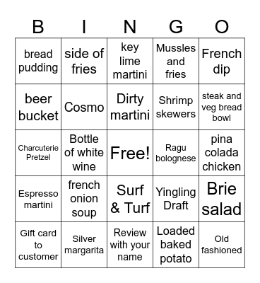 Server bingo.... mark what you sell! Bingo Card