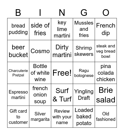 Server bingo.... mark what you sell! Bingo Card