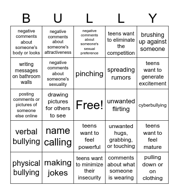Step Up.Step In. Stop Sexual Bullying! Bingo Card