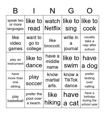 6th Grade Get To Know You BINGO! Bingo Card