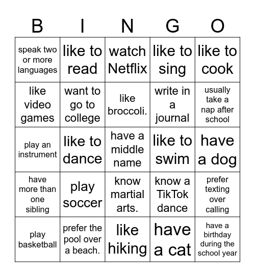 6th Grade Get To Know You BINGO! Bingo Card