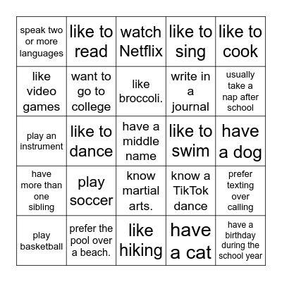 6th Grade Get To Know You BINGO! Bingo Card