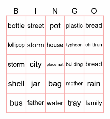 Vocabulary Bingo Card