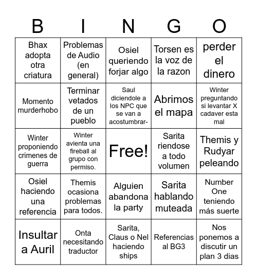 Bingo Icewind Dale Bingo Card