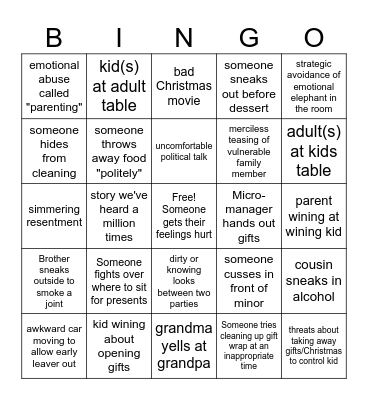 Dysfunctional Christmas BINGO Card