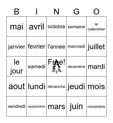 French Days and Months Bingo Card