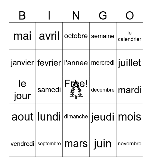 French Days and Months Bingo Card