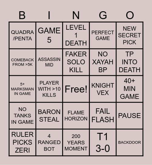 T1 vs JDG Bingo Card