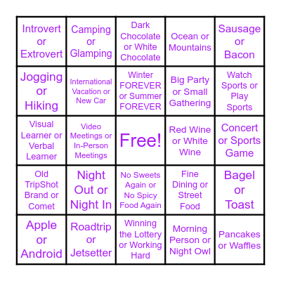 TripShot This or That Bingo Card