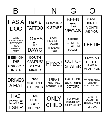 UniCorps BINGO Card