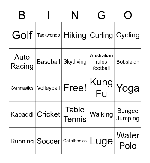 What sports do you like? Bingo Card