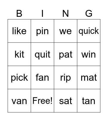 Kindergarten Words BINGO short a and i words Bingo Card