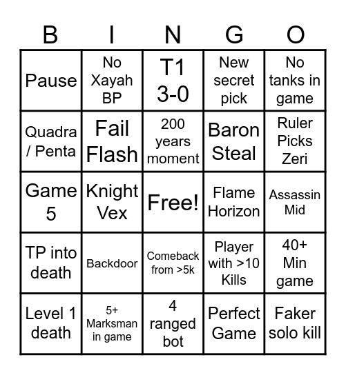 T1 vs JDG Bingo Card