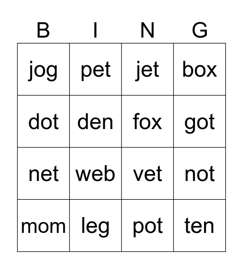 Kindergarten BINGO short e and i words Bingo Card