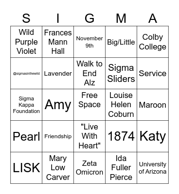 Sigma Kappa Bingo Card
