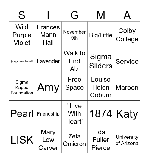 Sigma Kappa Bingo Card