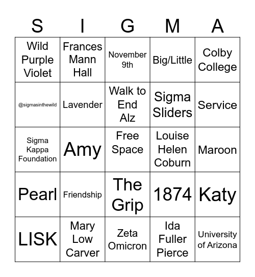 Sigma Kappa Bingo Card