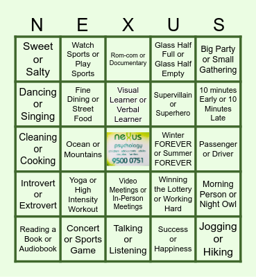 Circle your preference Bingo Card