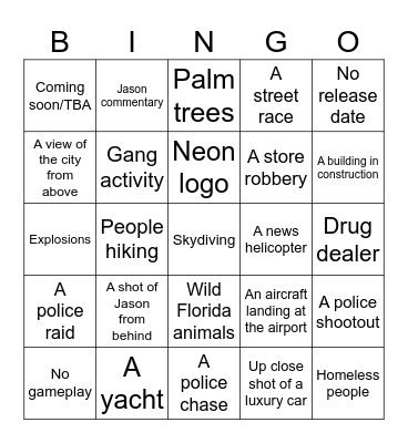 GTA VI Trailer bingo Card