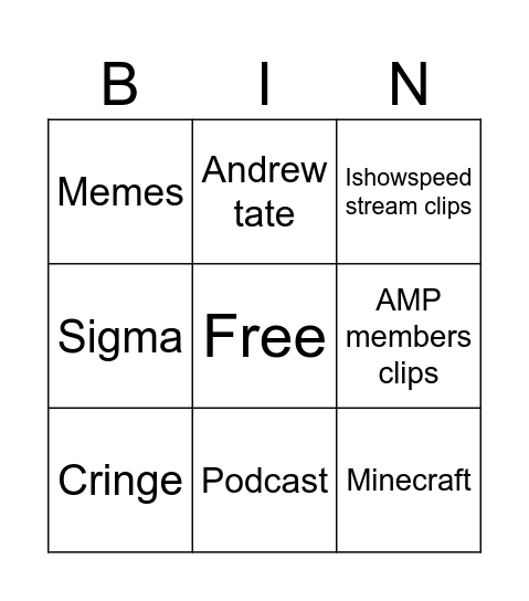 YouTube shorts bingo Card