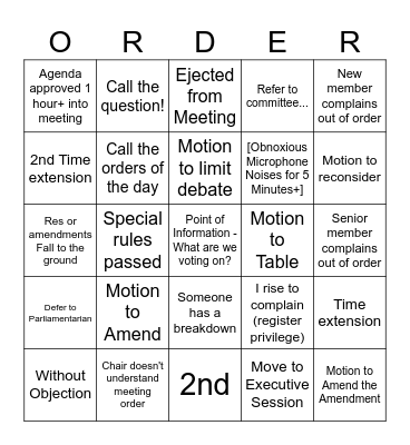 Roberts Rules of Order Bingo Card