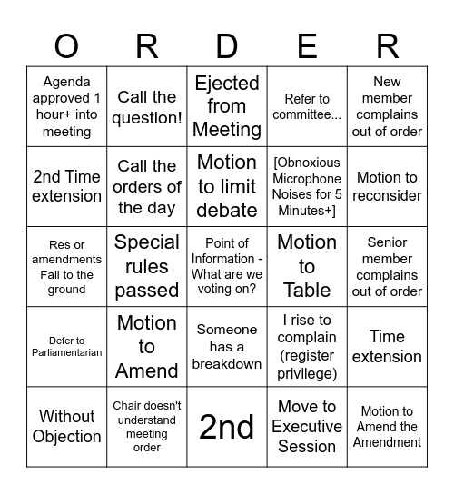 Roberts Rules of Order Bingo Card