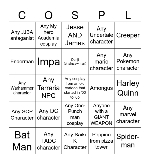 Comiccon cosplay bingo Card