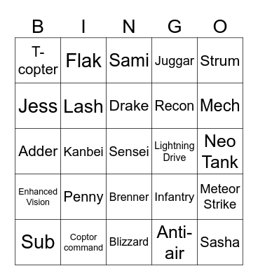 Advance Wars Bingo Card