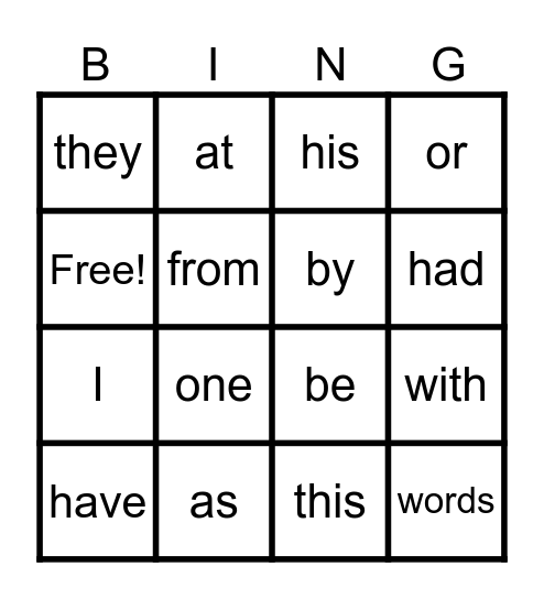 Sight Words Set 2 Bingo Card