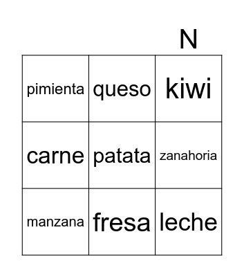 Foods in Spanish Bingo Card