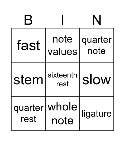 musical notation Bingo Card