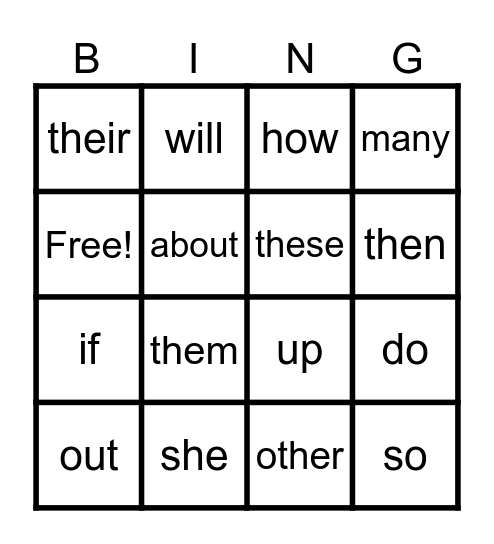 Sight Word Set 4 Bingo Card