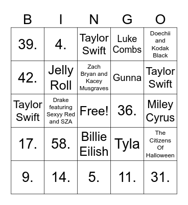 Musical Bingo Card