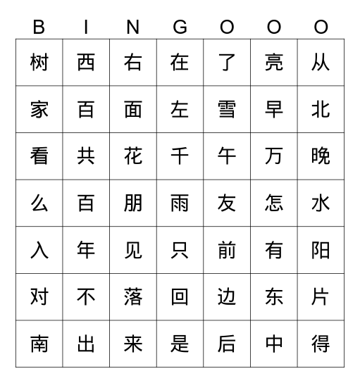 第一册一到七课复习 Bingo Card