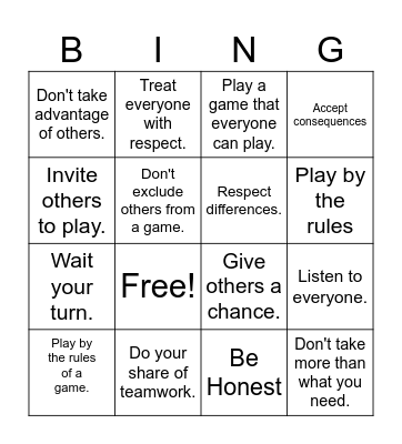 Fairness Bingo Card